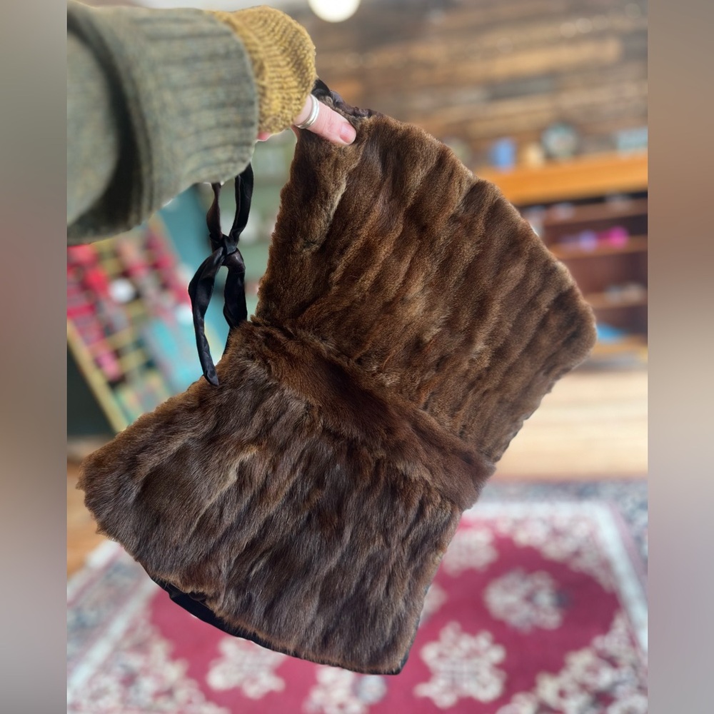 Vintage fur muff hand warmer, dark brown